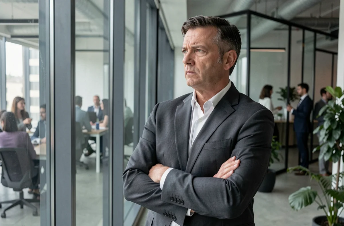 Homme pensif dans un bureau moderne illustrant la méfiance et l'hypocrisie en milieu professionnel