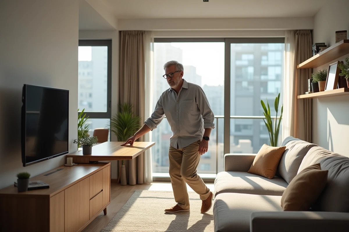 Homme pliant une table pour gagner de l