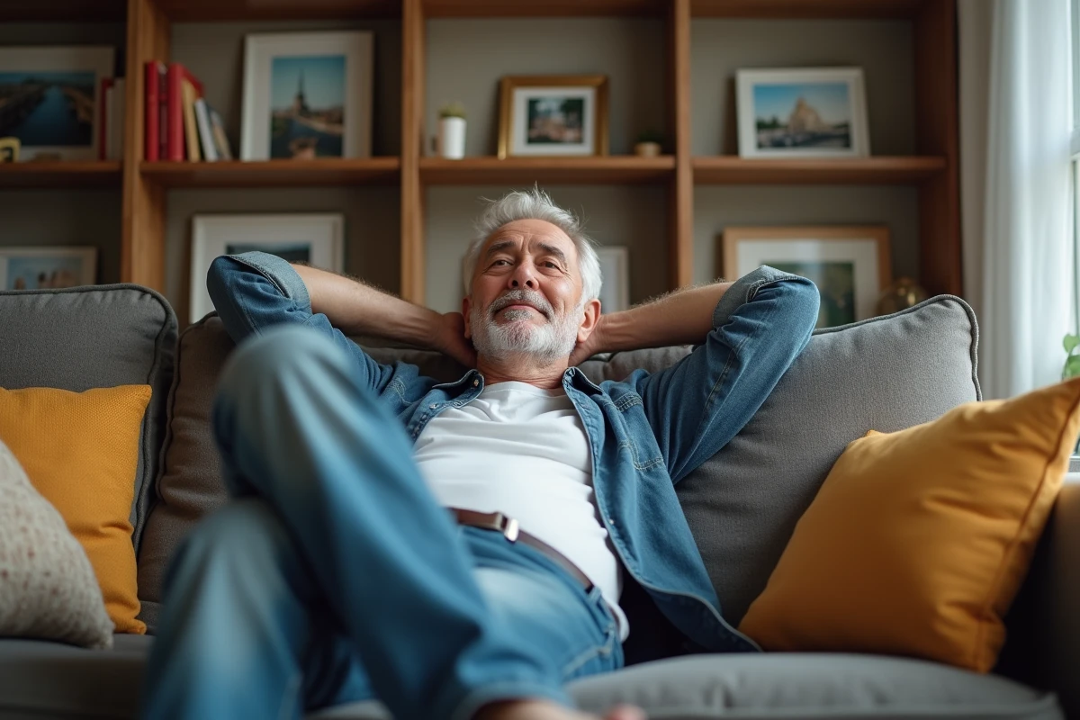 Homme détendu sur le canapé regardant par la fenêtre