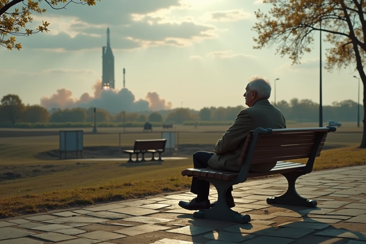 Homme age contemplant un lancement de rocket