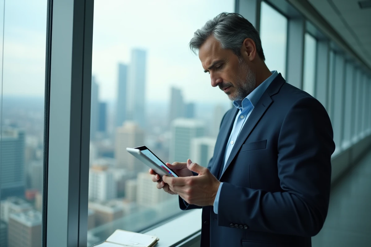 Homme professionnel comparant résultats de traduction sur tablette