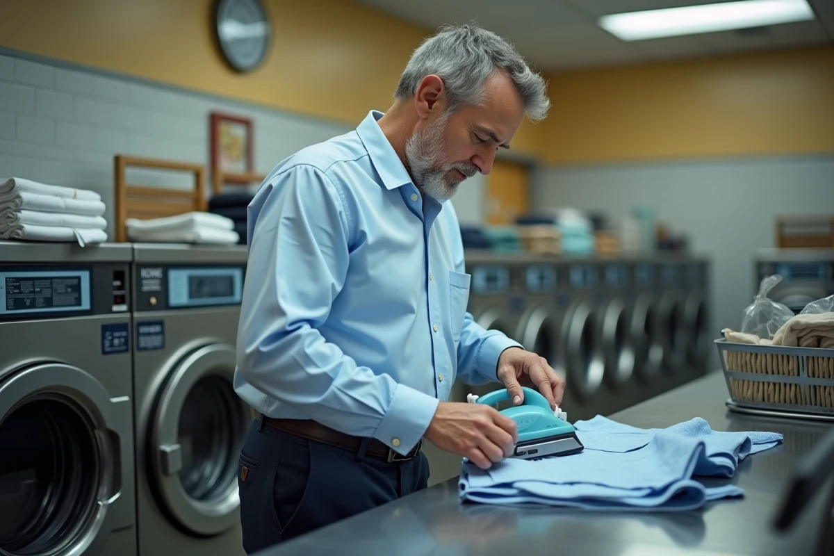 Homme inspectant un vêtement dans une laverie animée
