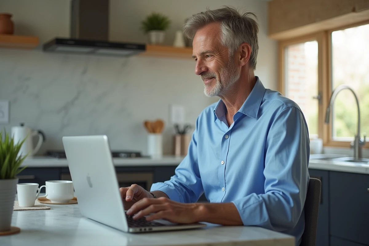 Homme en visioconference dans une cuisine lumineuse
