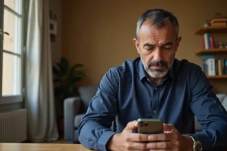 Homme consultant les horaires de prière sur son smartphone dans un appartement à Bordeaux