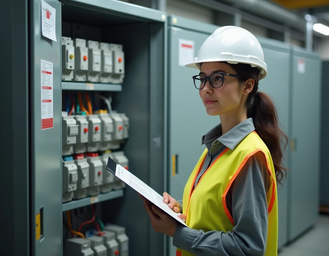 Ingénieure électricienne dimensionnant les départs d'un tableau secondaire triphasé dans une salle électrique de bâtiment commercial