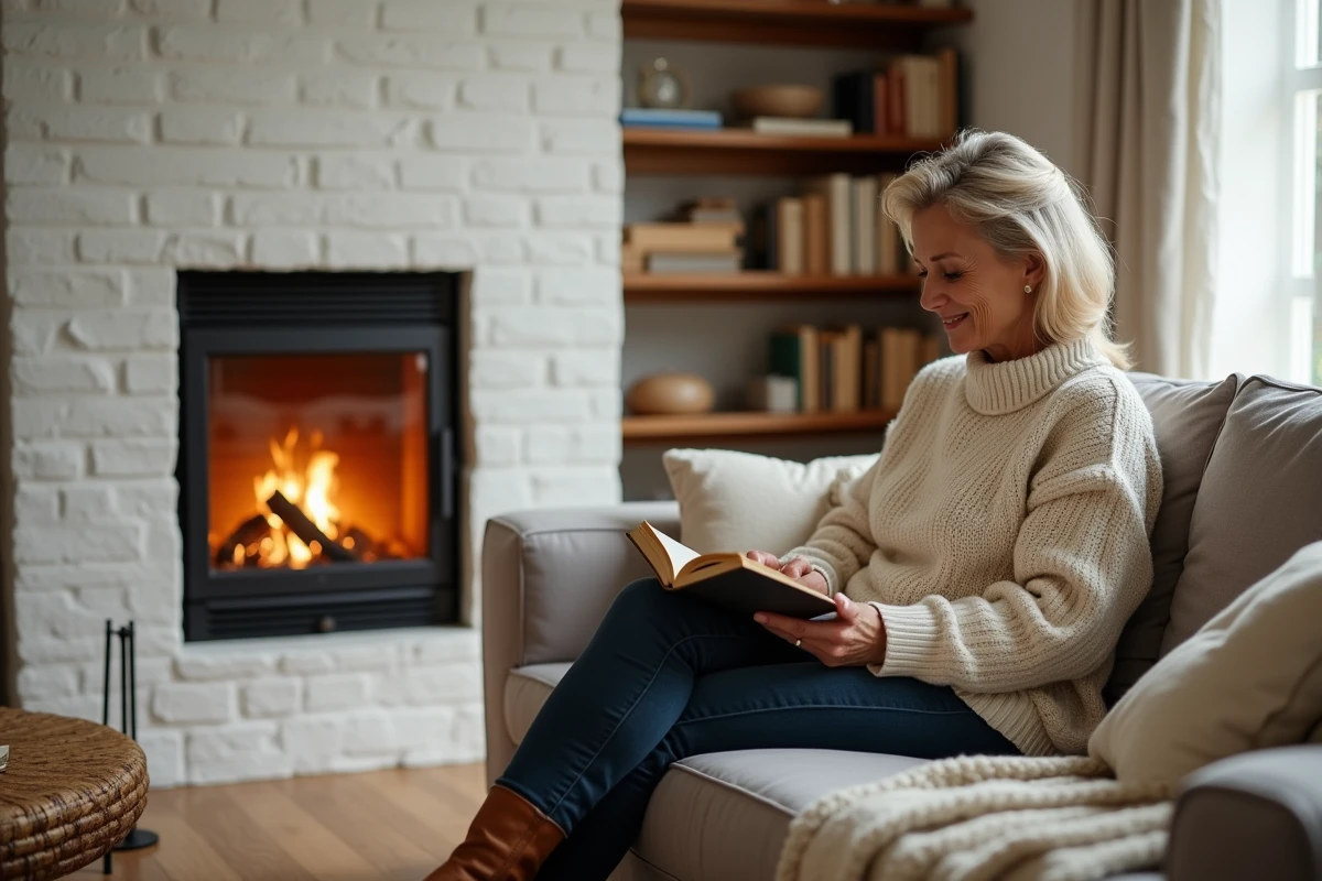 Femme en pull tricoté lisant devant un insert de cheminée moderne aux flammes visibles dans un salon contemporain