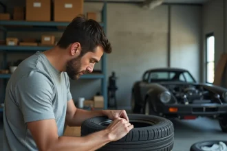 Homme inspectant un pneu usagé dans un garage organisé pour optimiser son scan de pièce automobile