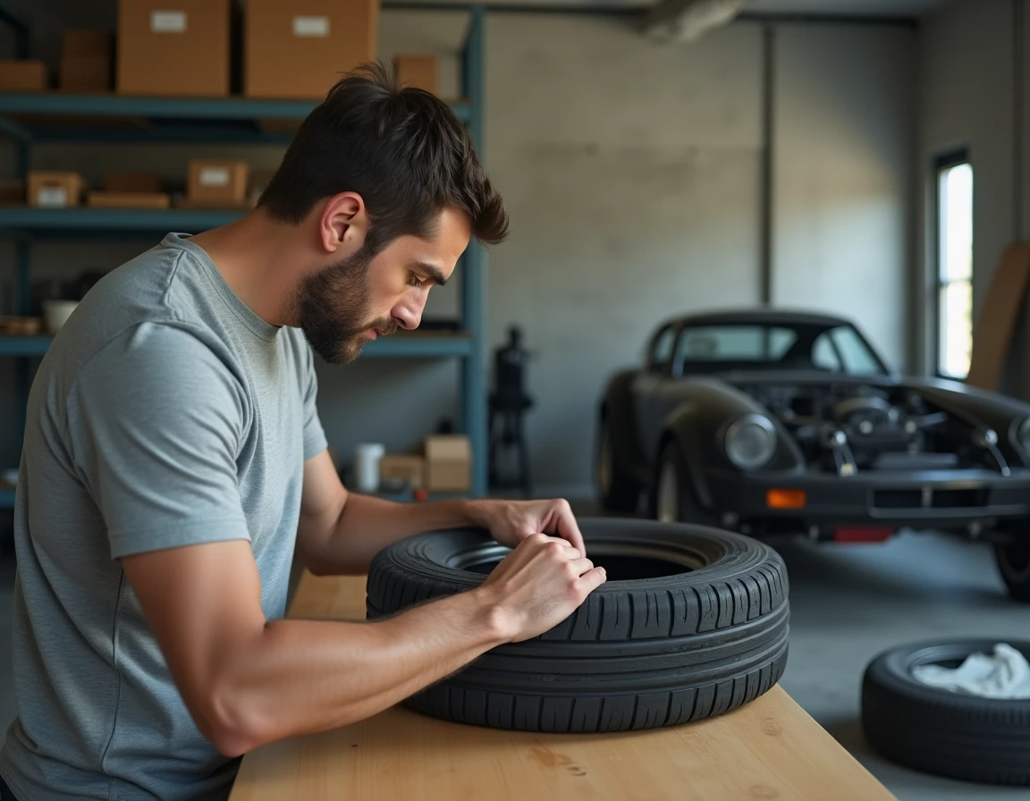 Homme inspectant un pneu usagé dans un garage organisé pour optimiser son scan de pièce automobile
