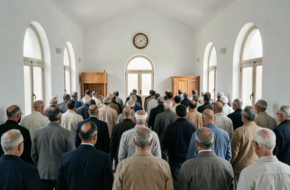 Intérieur d'une mosquée à Toulon avec des fidèles en rang pour la prière, illustrant les horaires de salat locaux