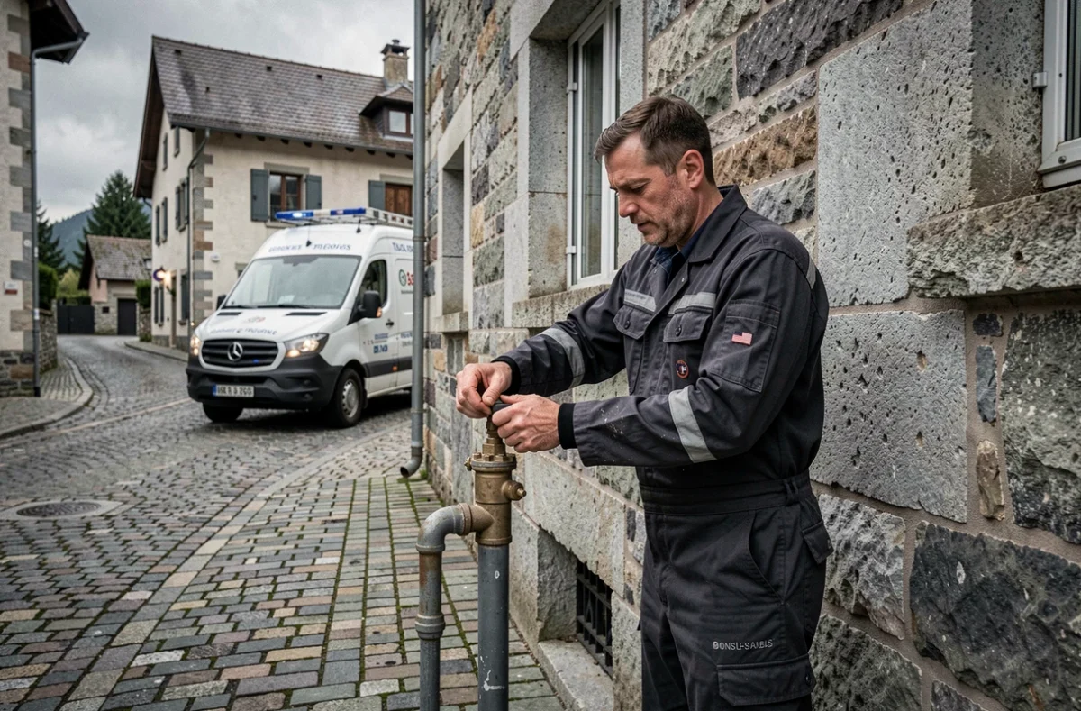 Plombier chauffagiste ITS en intervention sur une façade en pierre à Lons-le-Saunier