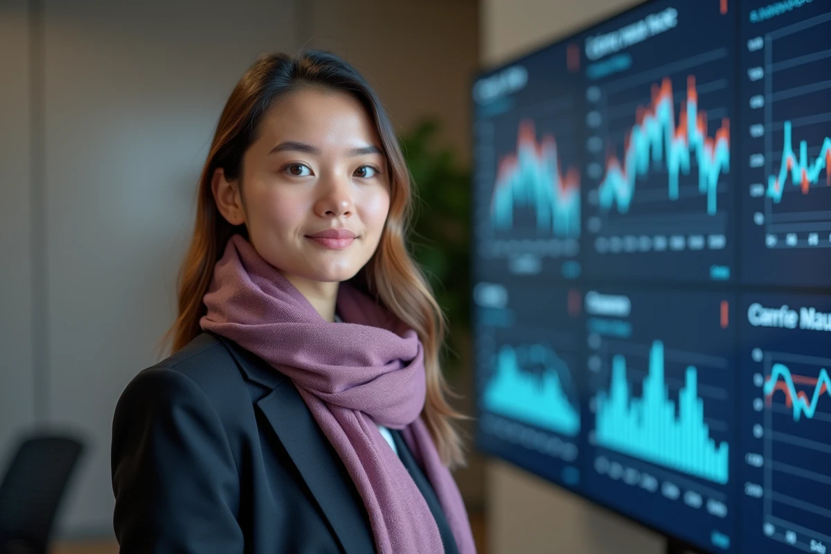 Jeune femme analysant des graphiques sur un écran dans une salle moderne