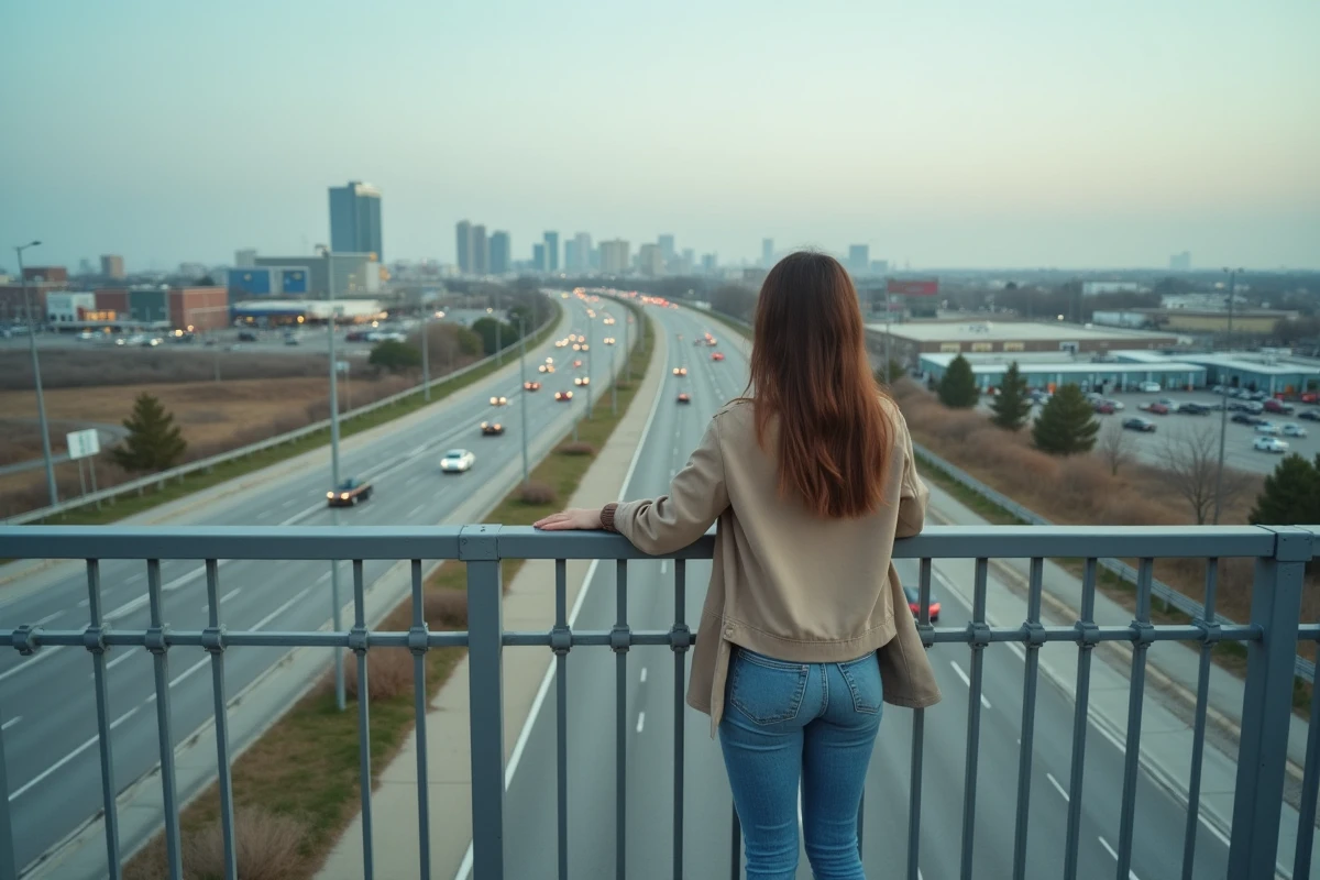 Jeune femme regardant un grand axe routier en ville
