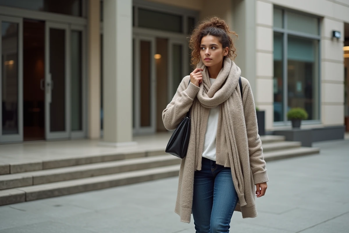 Jeune femme marche vers un bâtiment social en ville