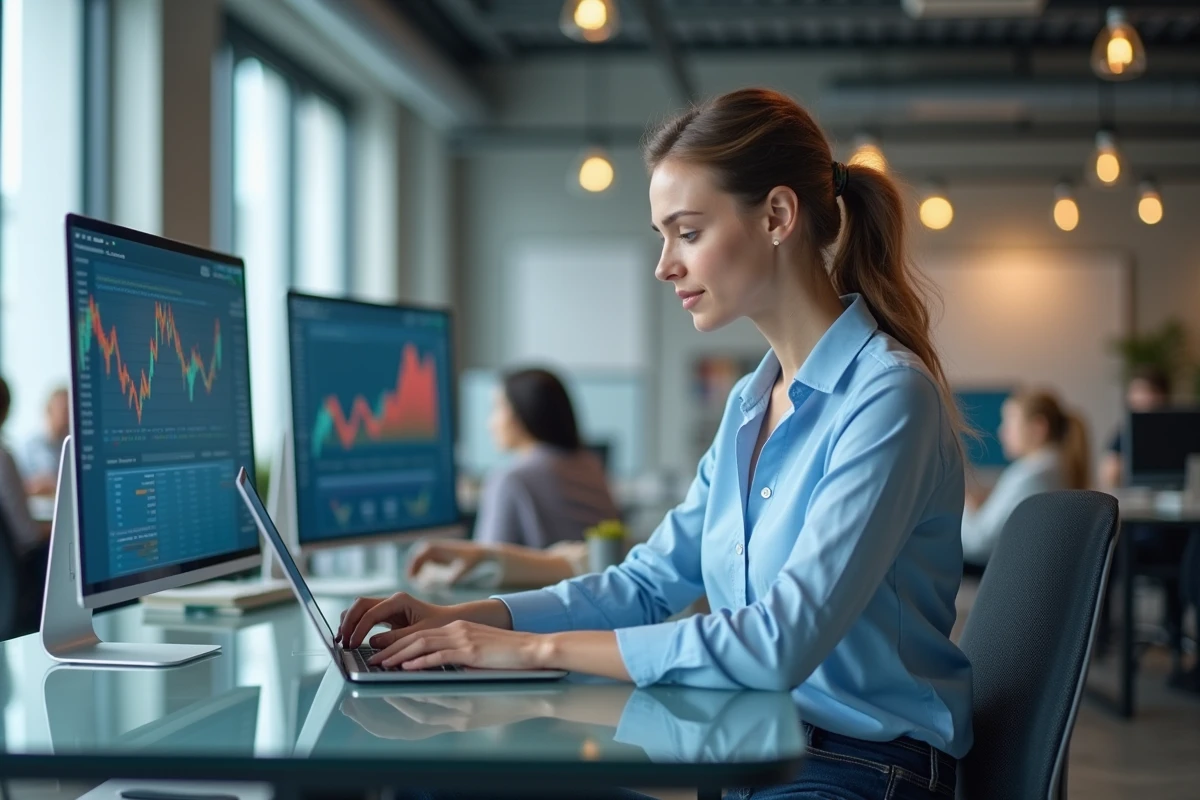 Jeune femme fintech travaillant sur un ordinateur dans un espace moderne