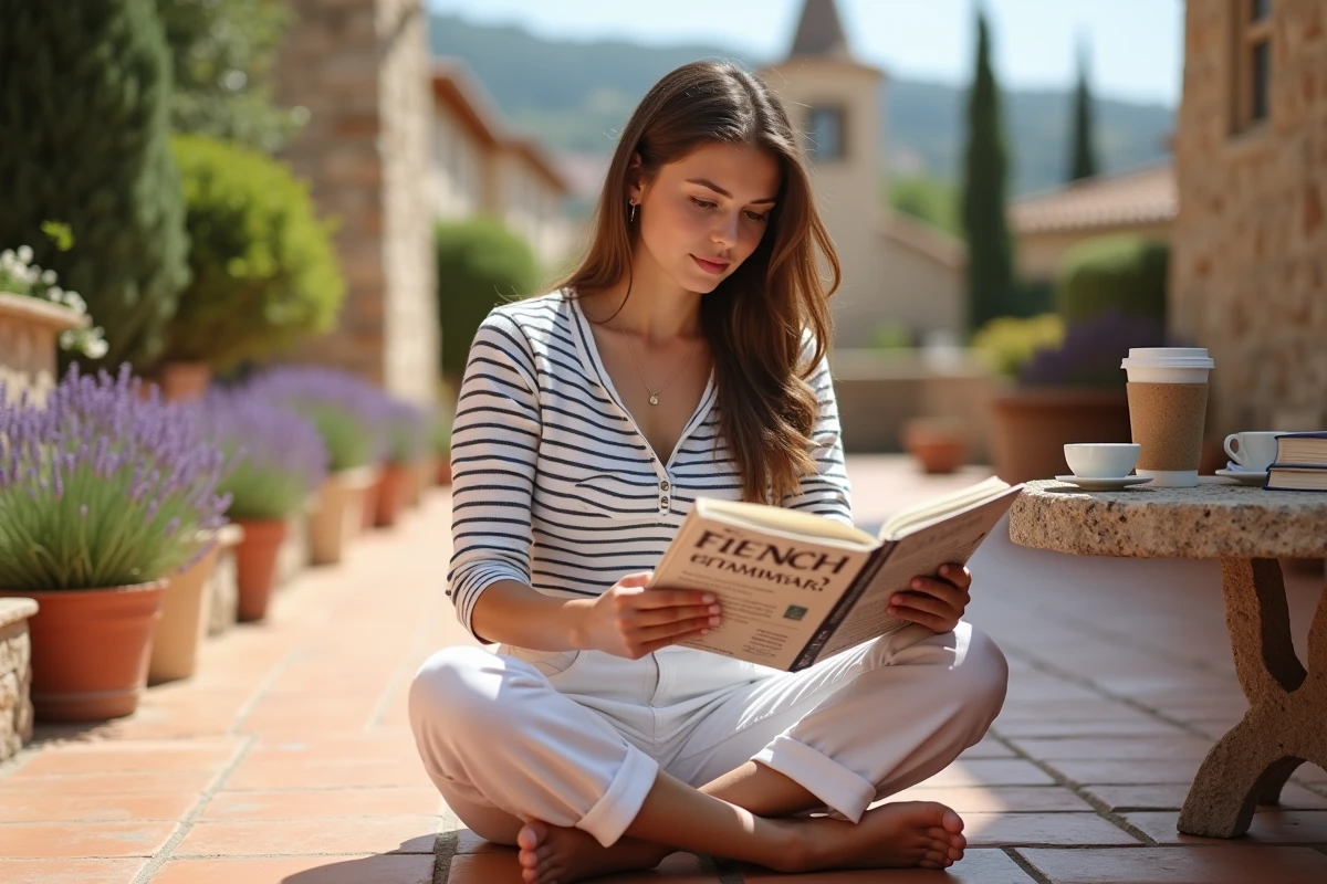 Jeune femme lisant un guide de grammaire française sur une terrasse ensoleillée avec des plantes de lavande et des toits méditerranéens en arrière-plan