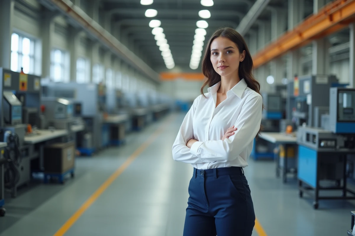 Jeune ingénieure debout dans une usine moderne