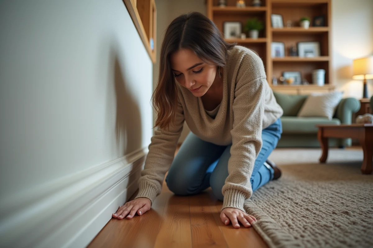 Jeune femme examinant une fissure dans un mur intérieur