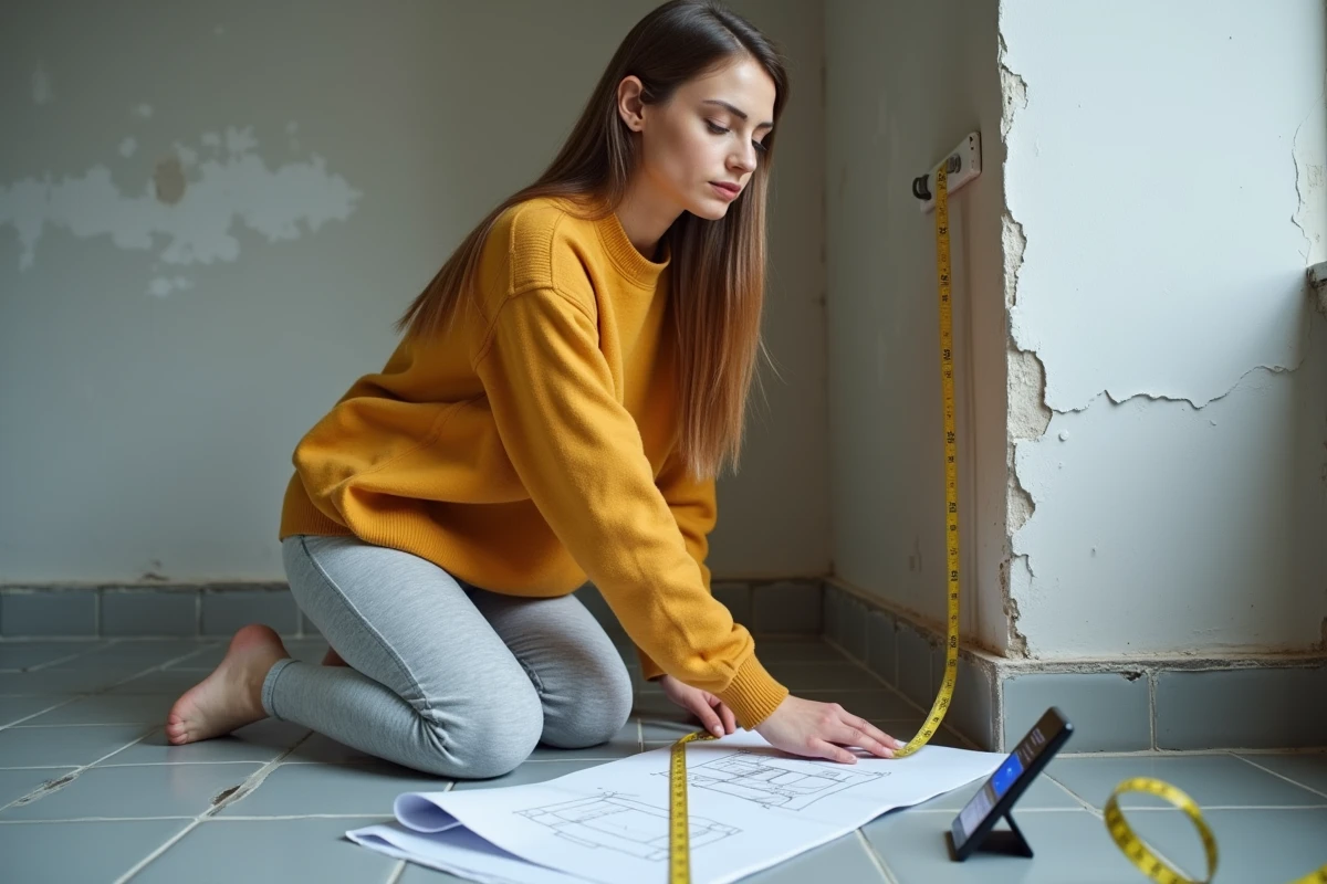 Jeune femme mesurant un mur avec un mètre de couturière et une application de conversion sur smartphone