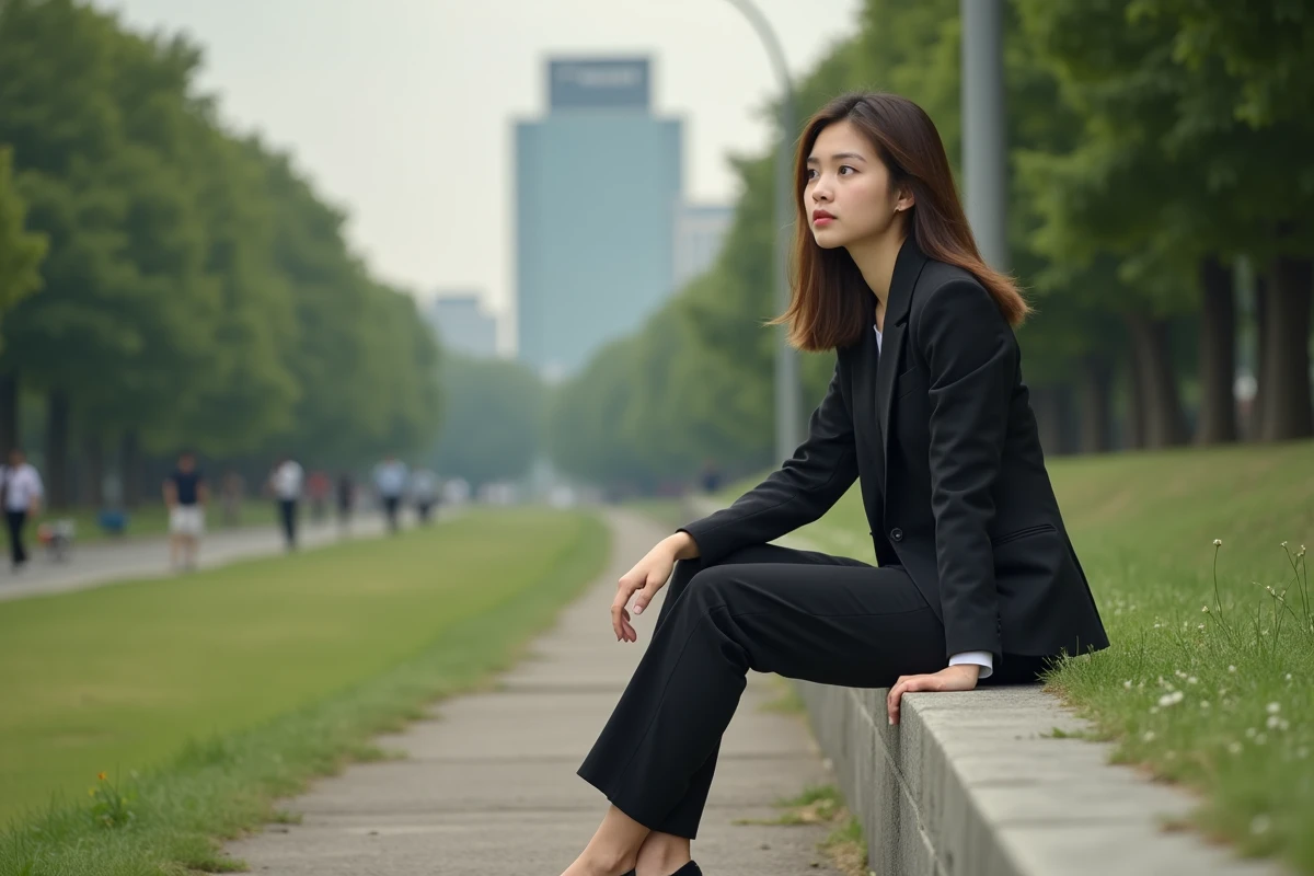 Jeune femme assise pensivement dans un parc en blazer
