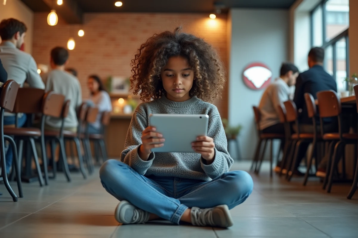 Jeune fille avec tablette dans un café connecté et lumineux