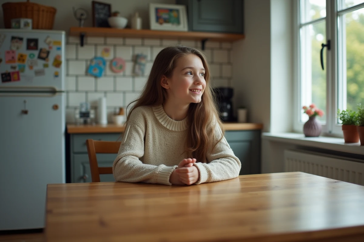 Fille adolescente assise à la table de cuisine