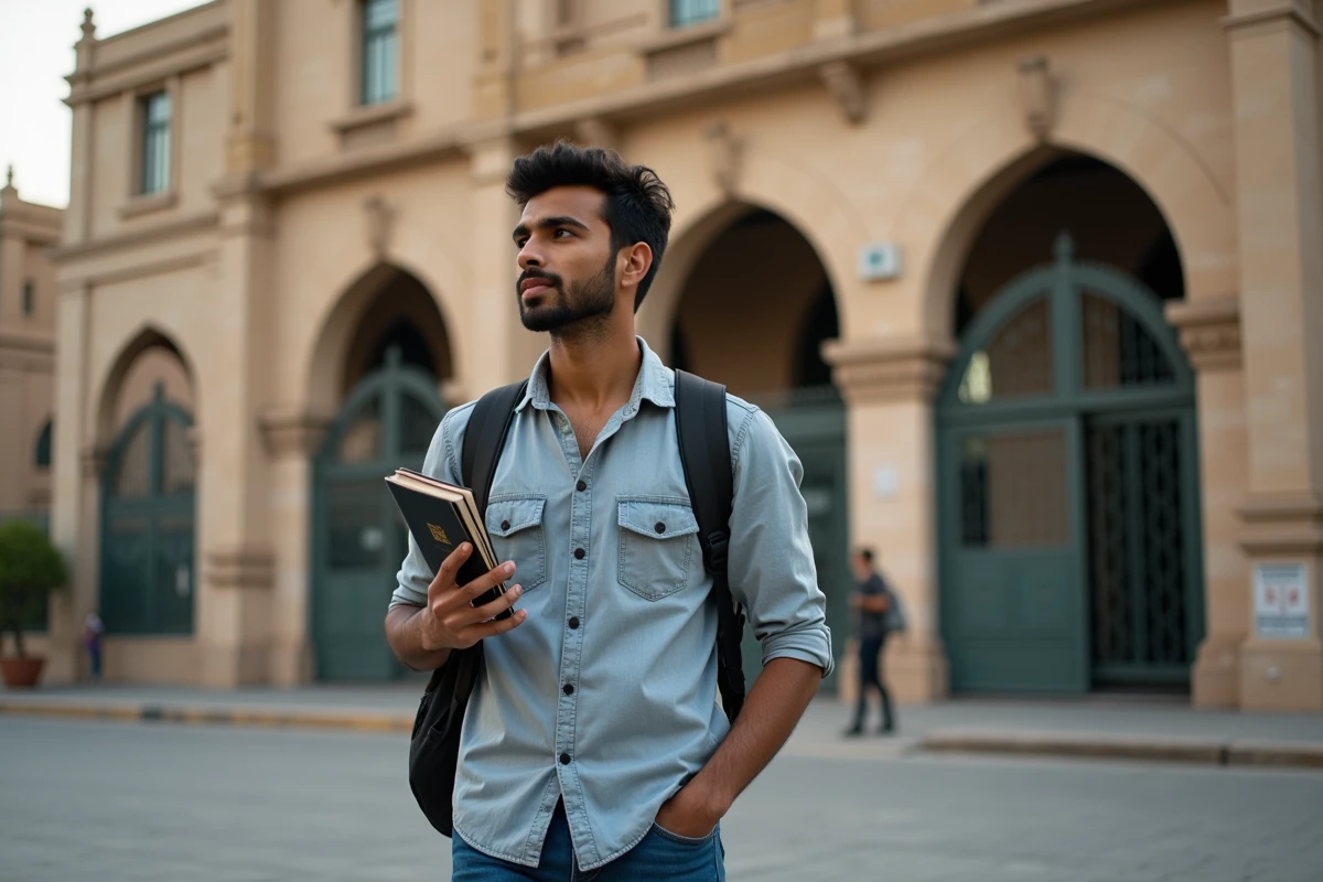 Jeune homme nord-africain dans la gare de Caire avec guide et passeport