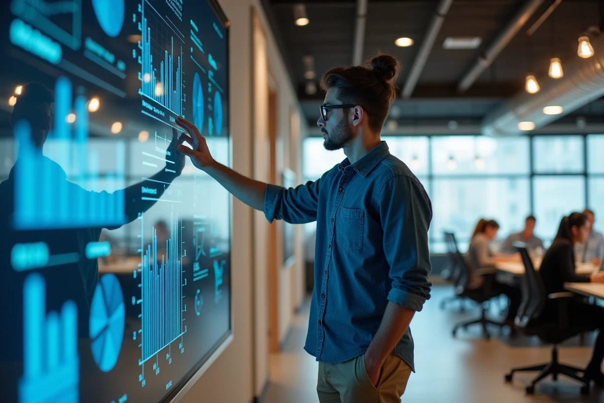 Jeune homme interagissant avec un écran tactile dans un espace de coworking