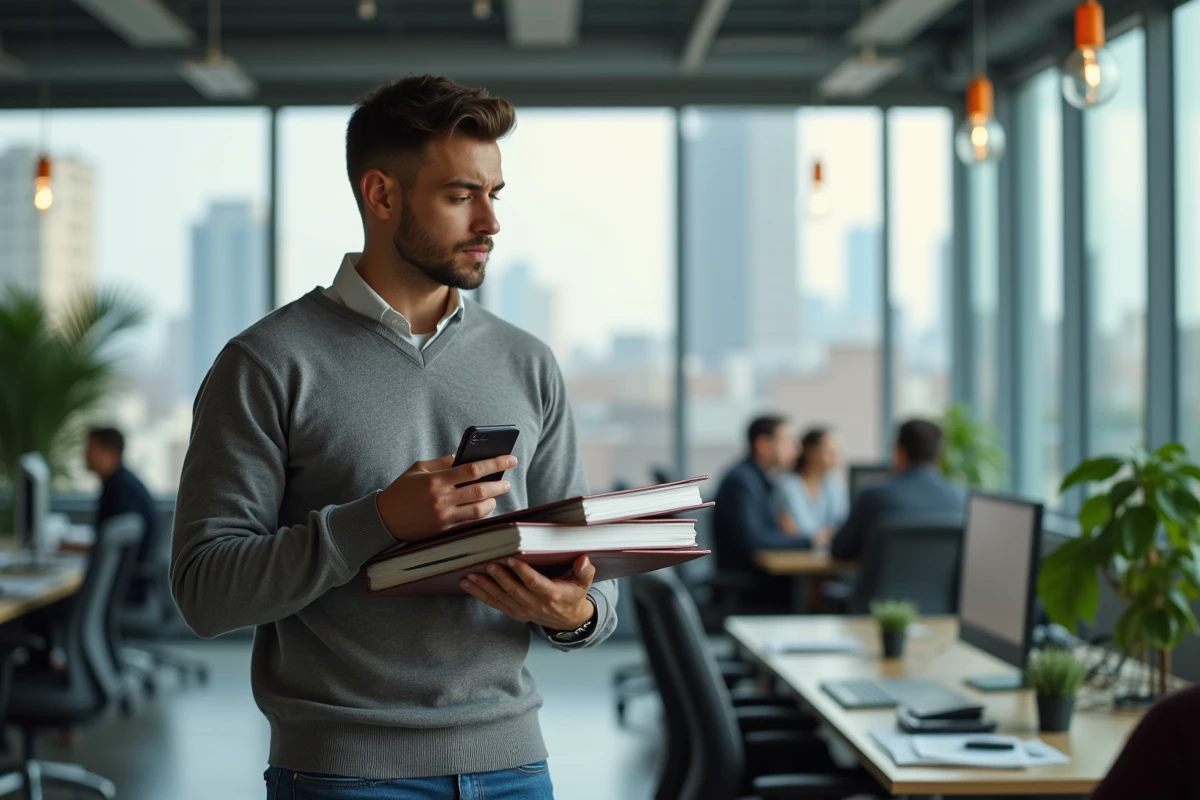 Jeune homme en bureau ouvert jonglant avec des dossiers