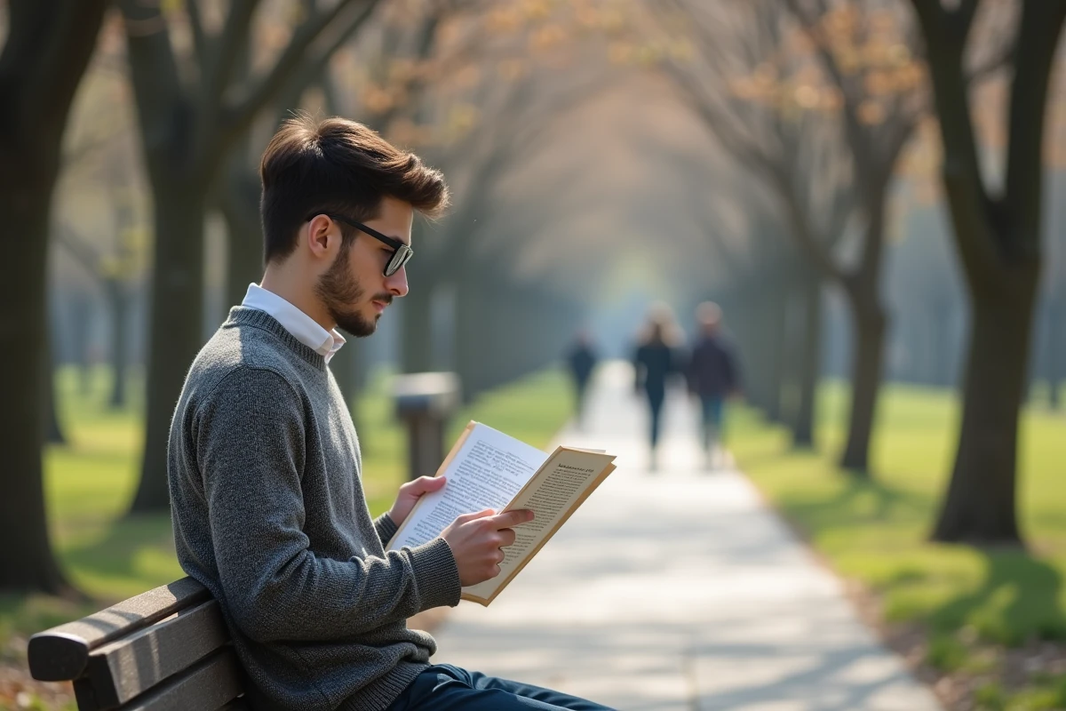 Jeune homme lisant un PDF de pleine conscience au parc