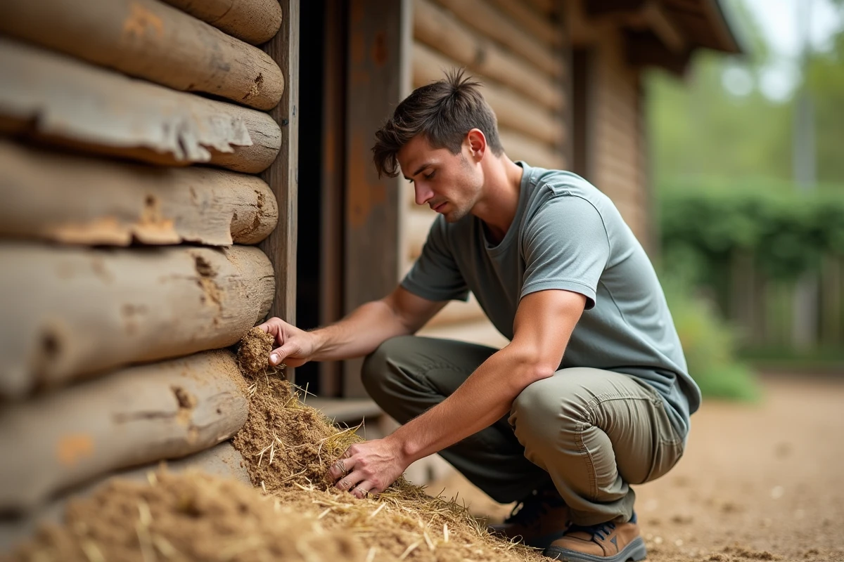 Jeune homme remplissant un mur avec de la paille et de l