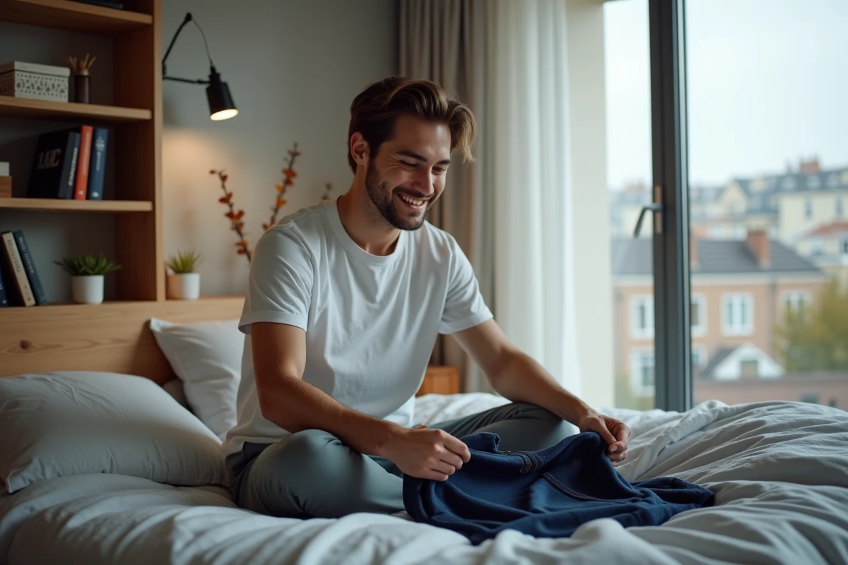 Jeune homme plie une chemise dans une chambre cosy