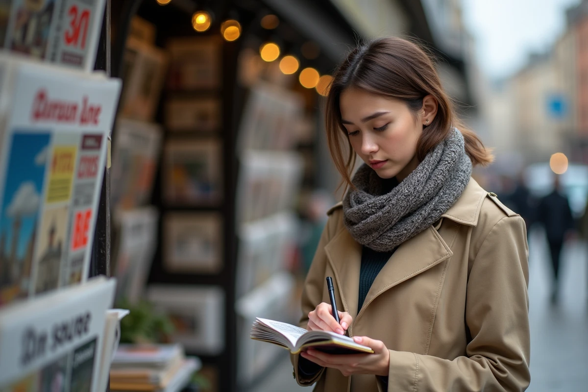 Jeune femme reporter devant un kiosque à journaux