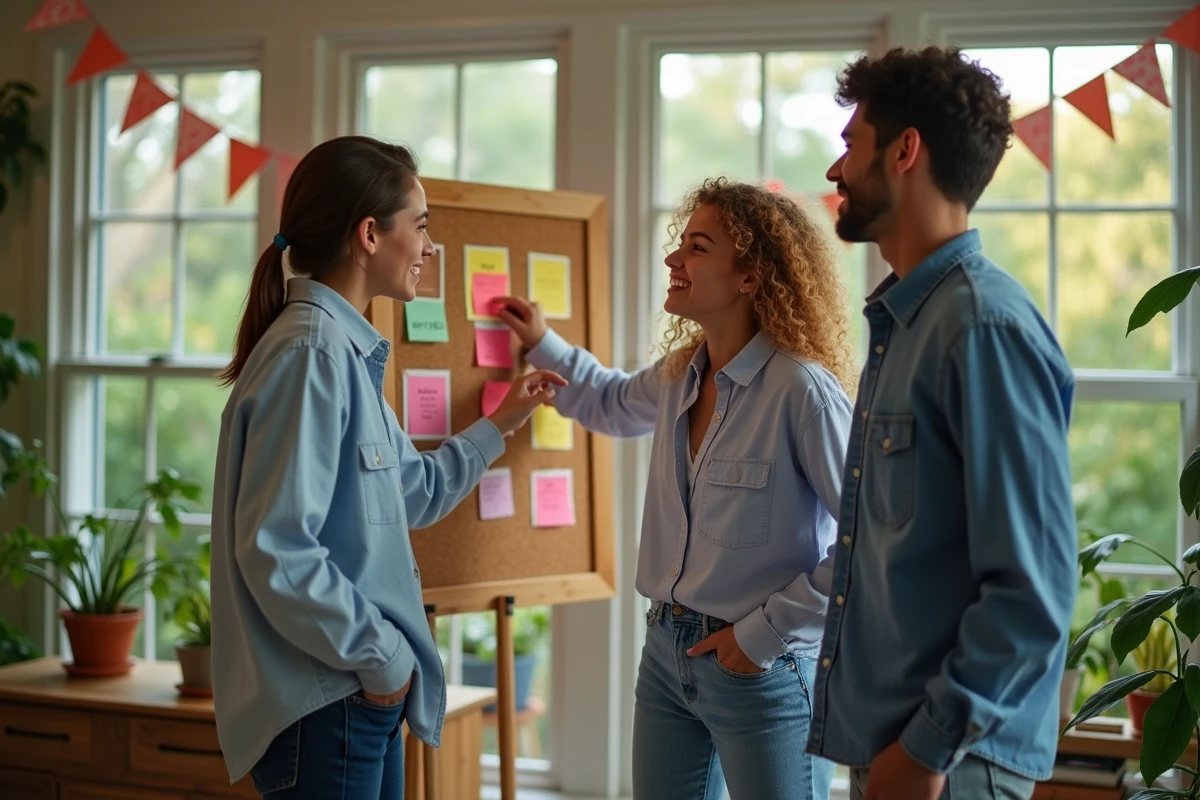 Trois adolescents discutant devant un tableau d