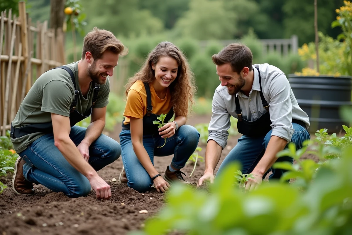 Groupe de jeunes plantant dans un jardin permaculture