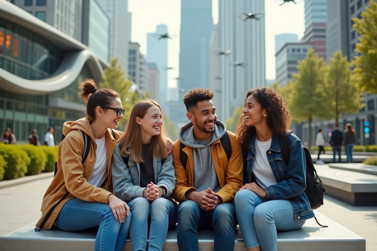 Jeunes dans un parc urbain futuriste avec technologie