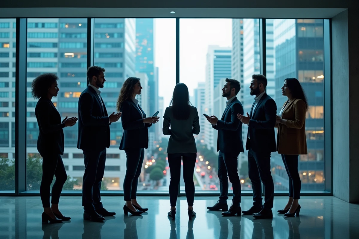 Jeunes professionnels discutant devant une vitrine urbaine