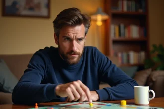 Joueur adulte concentré sur un plateau de Monopoly lors d'une soirée jeux en famille