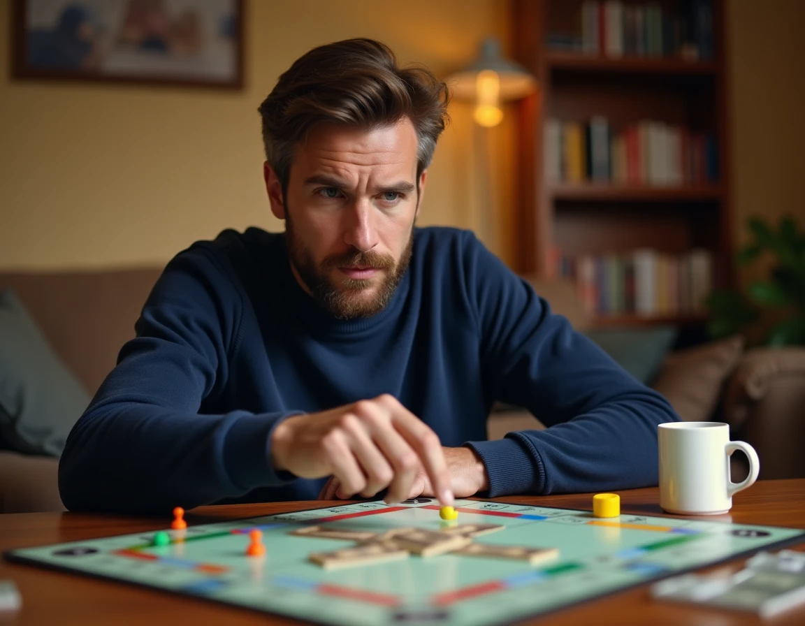 Joueur adulte concentré sur un plateau de Monopoly lors d'une soirée jeux en famille