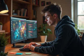 Jeune homme concentré devant un écran affichant une interface de jeu tactique RPG style Dofus, assis à un bureau en bois avec clavier mécanique et notes adhésives