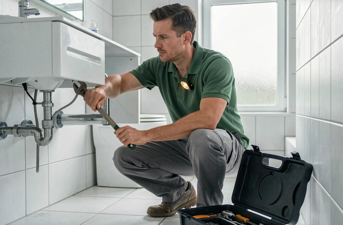 Technicien JW Entretien-Dépannage intervenant sous un lavabo pour un dépannage sanitaire