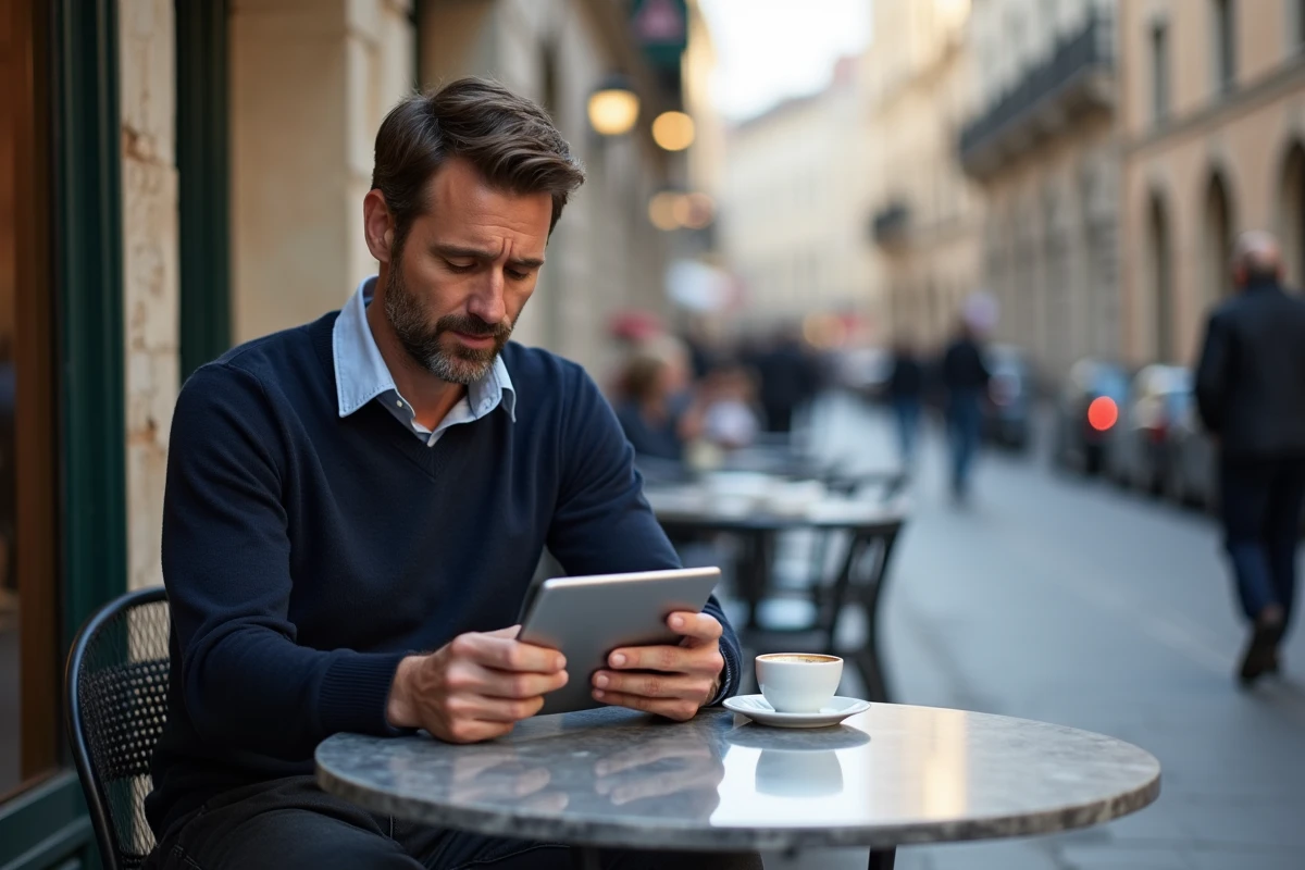 Homme adulte lisant un blog sur tablette à la terrasse d'un café urbain parisien