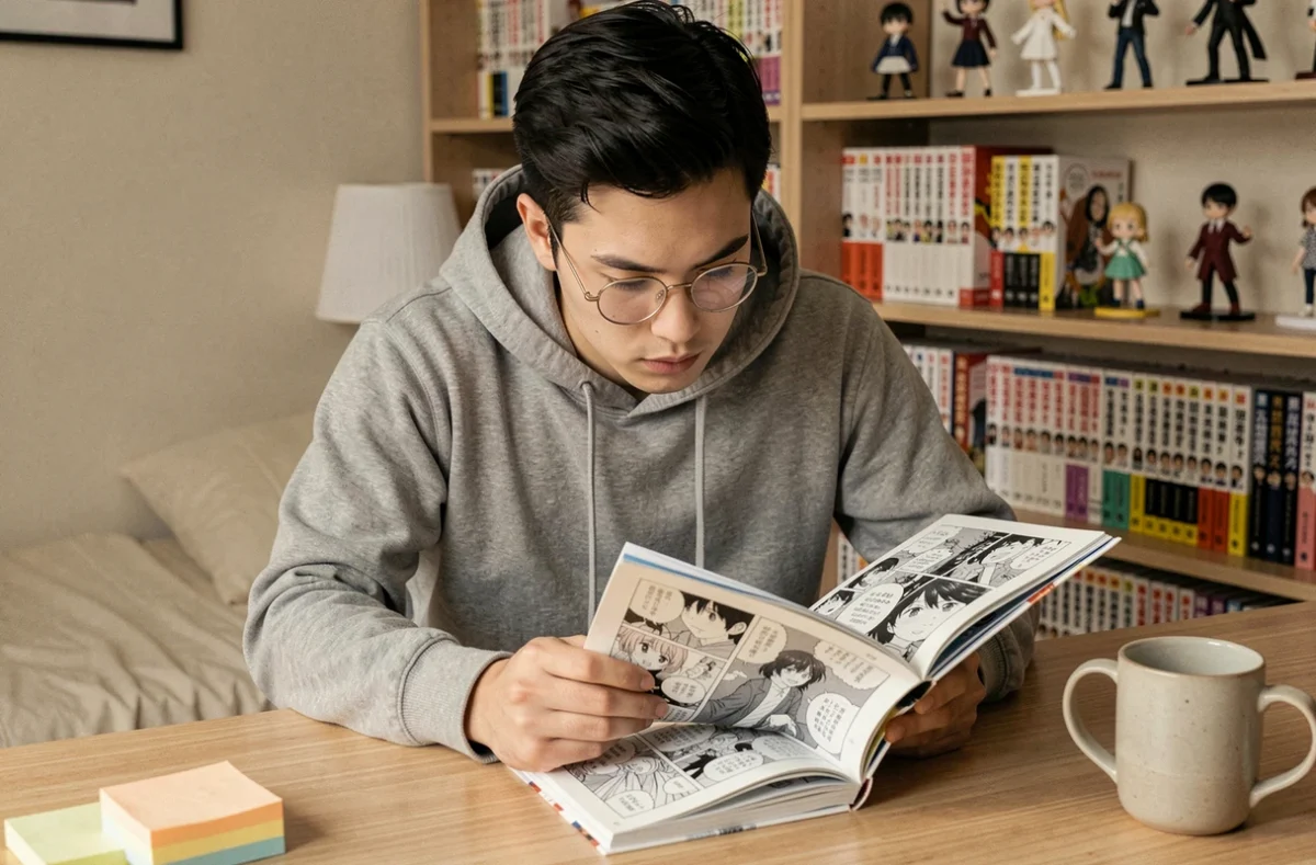 Jeune homme lisant un manga One Piece assis à son bureau dans une chambre cosy entourée de volumes de manga