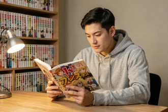 Jeune homme lisant un manga One Punch Man assis à son bureau avec une collection de mangas en arrière-plan