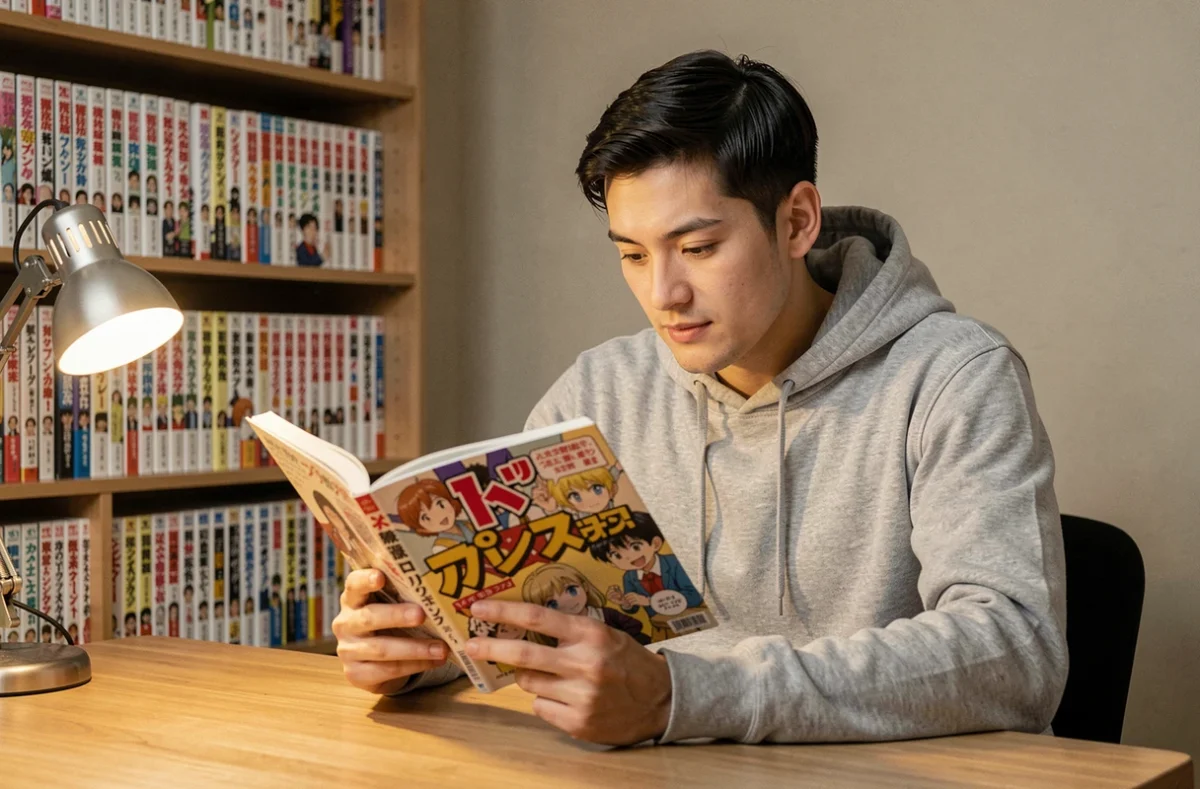 Jeune homme lisant un manga One Punch Man assis à son bureau avec une collection de mangas en arrière-plan