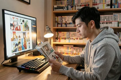 Jeune homme lisant un scan de manga One Piece sur son écran d'ordinateur dans un bureau à domicile
