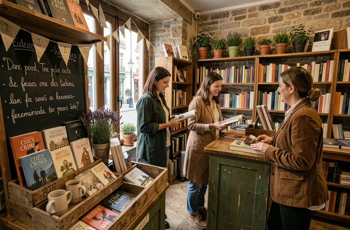 Librairie indépendante française avec une sélection de romans policiers cozy et deux clientes en train de parcourir les livres