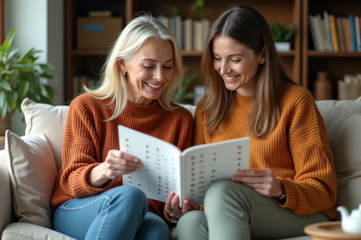 Deux femmes parcourant ensemble une liste alphabétique étoilée dans un salon de lecture