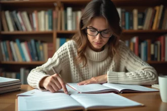 Femme consultant une liste étoilée de noms sur papier dans une bibliothèque personnelle
