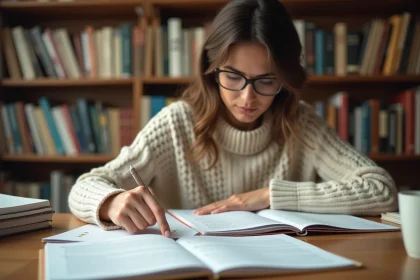 Femme consultant une liste étoilée de noms sur papier dans une bibliothèque personnelle