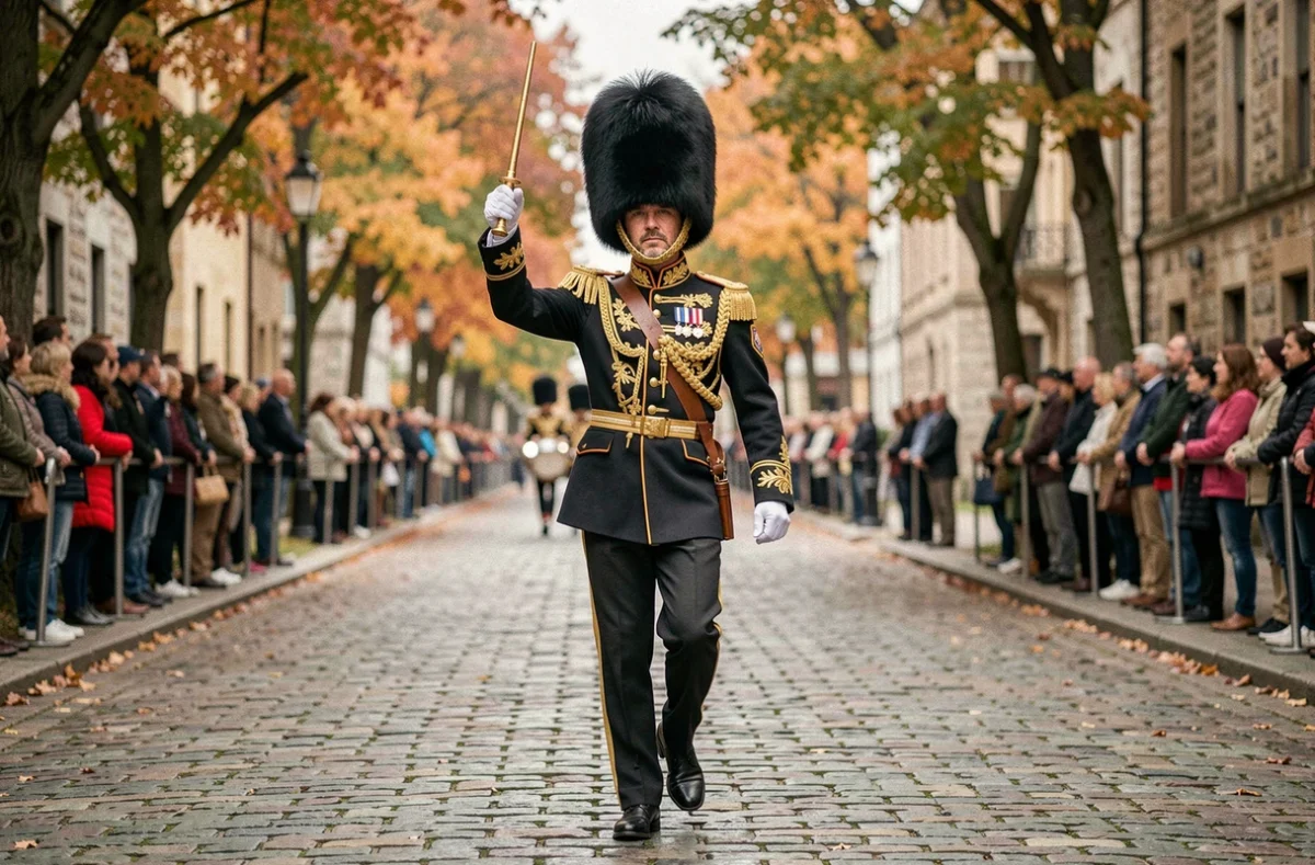 Major de fanfare militaire guidant un défilé cérémoniel sur une avenue pavée lors d'une commémoration